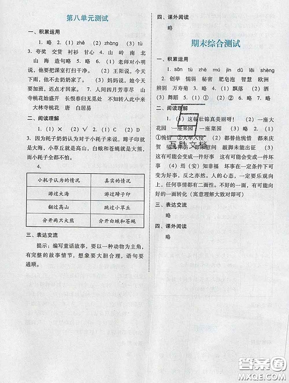 2020新版陽光學(xué)業(yè)評價三年級語文下冊人教版參考答案