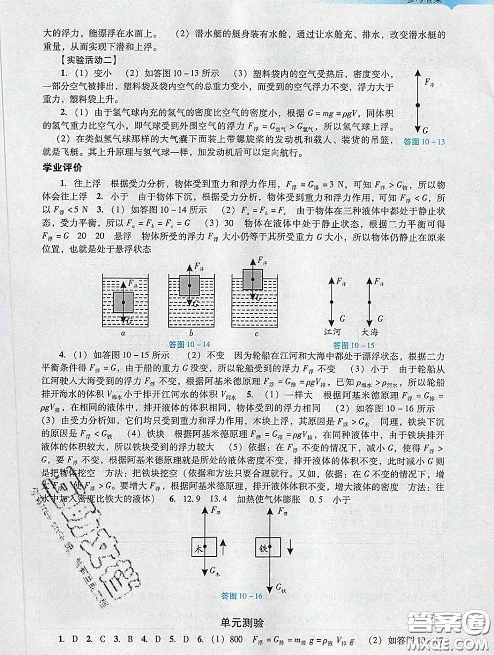 2020新版陽光學(xué)業(yè)評價(jià)八年級物理下冊人教版參考答案