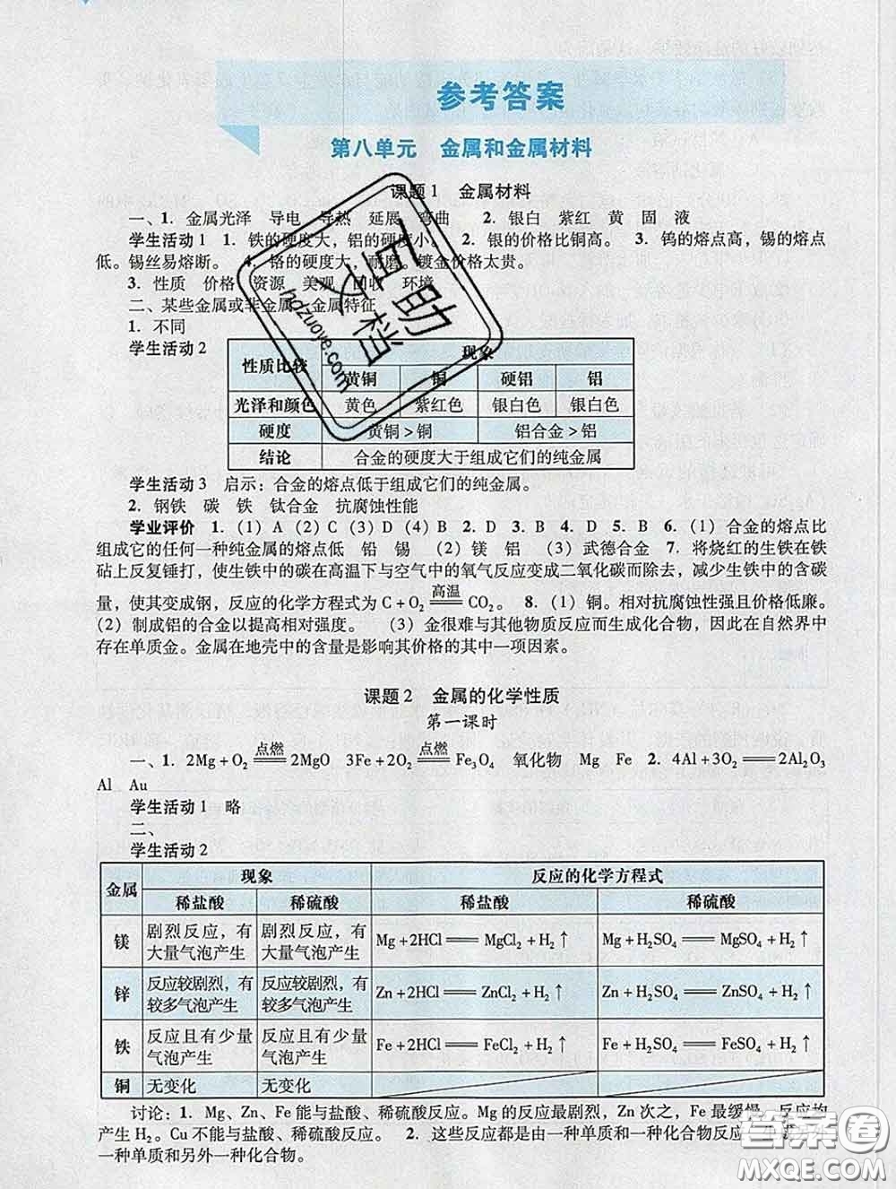 2020新版陽光學業(yè)評價九年級化學下冊人教版參考答案