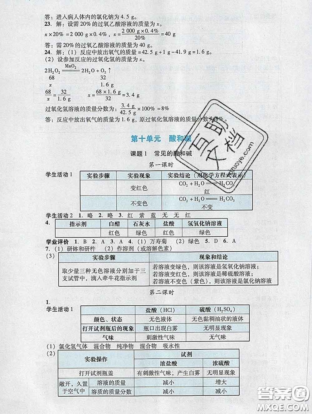 2020新版陽光學業(yè)評價九年級化學下冊人教版參考答案