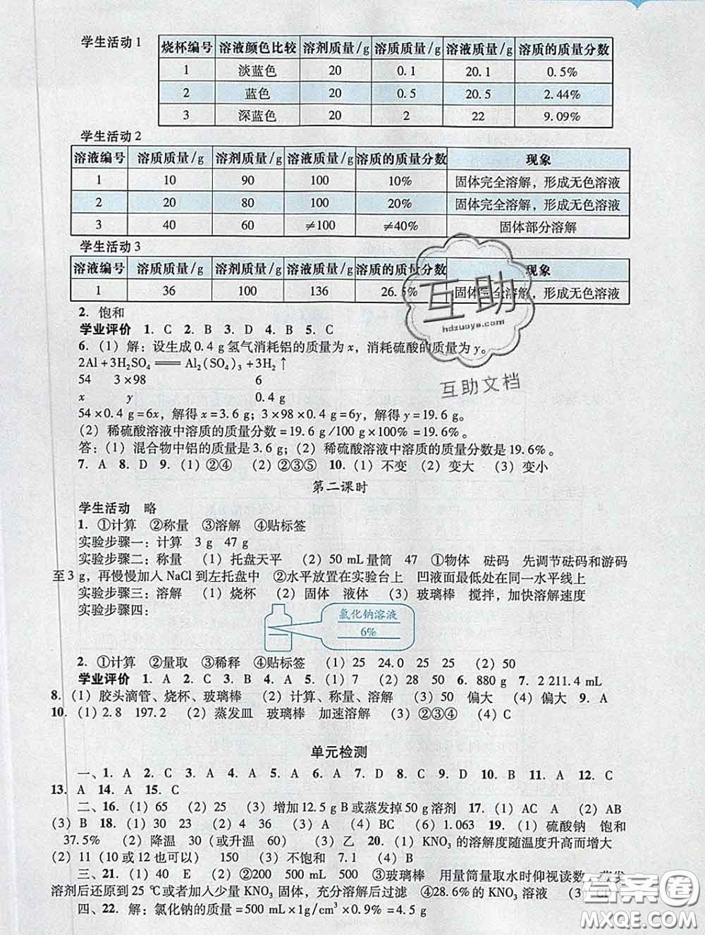 2020新版陽光學業(yè)評價九年級化學下冊人教版參考答案