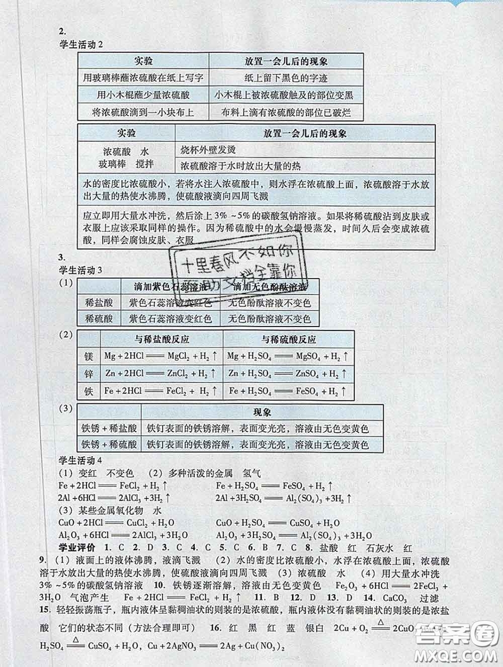 2020新版陽光學業(yè)評價九年級化學下冊人教版參考答案