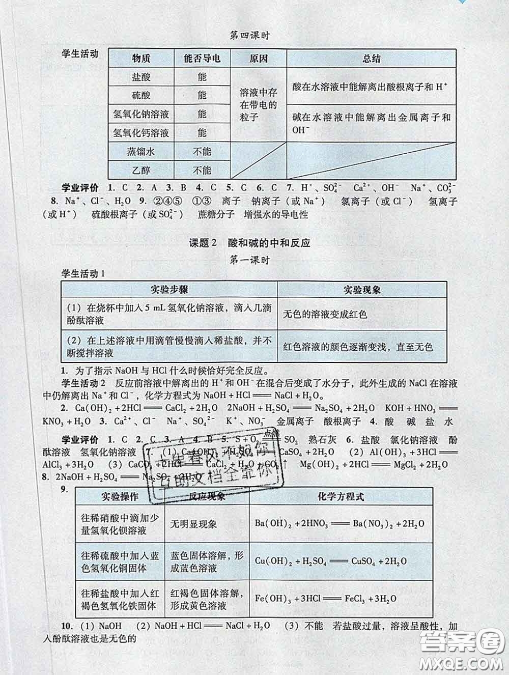 2020新版陽光學業(yè)評價九年級化學下冊人教版參考答案