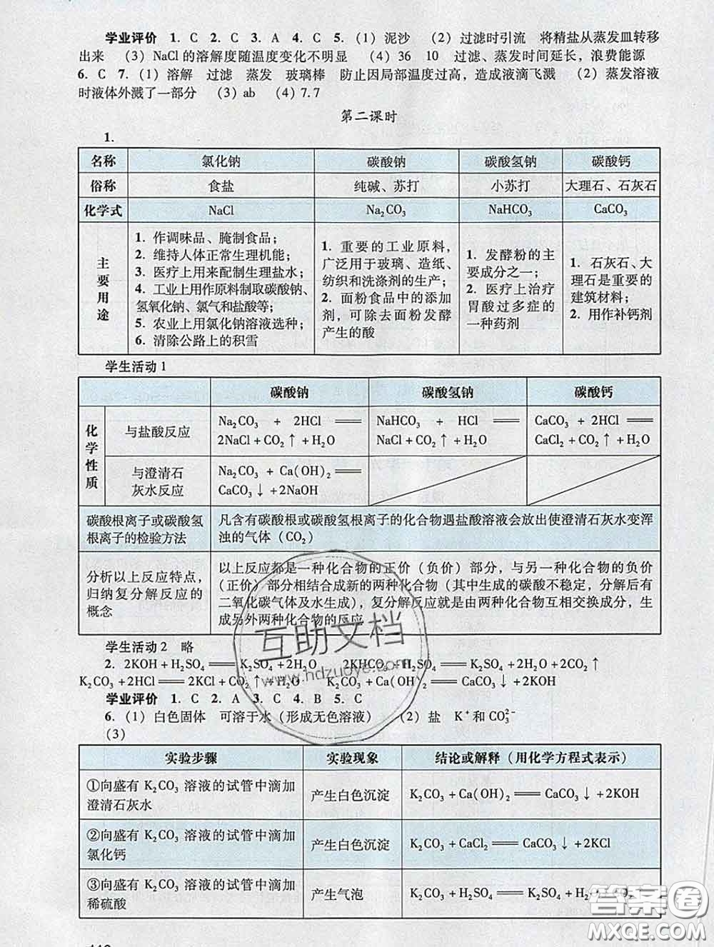 2020新版陽光學業(yè)評價九年級化學下冊人教版參考答案