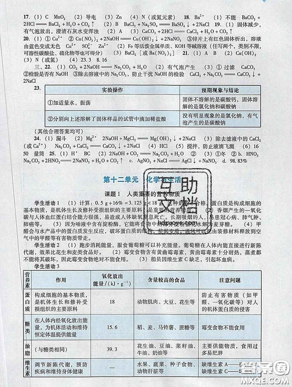 2020新版陽光學業(yè)評價九年級化學下冊人教版參考答案