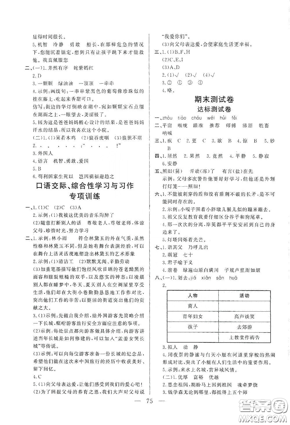 山東文藝出版社2020小學(xué)單元測試卷五年級語文下冊人教版答案