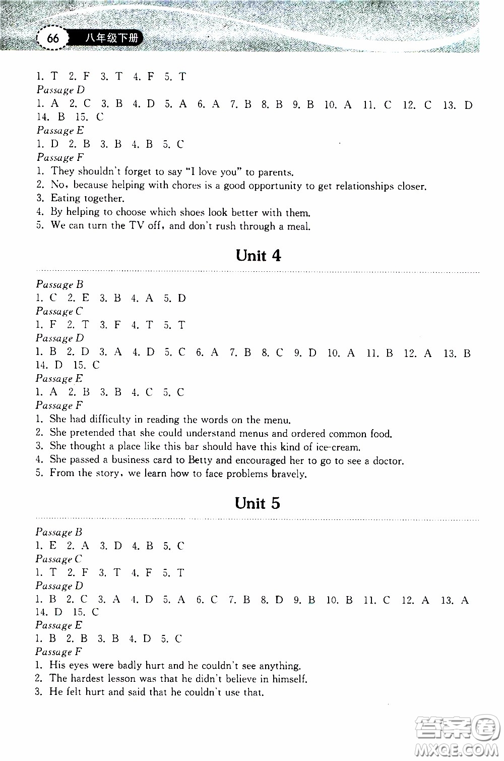 2020年長(zhǎng)江作業(yè)本初中英語(yǔ)閱讀訓(xùn)練八年級(jí)下冊(cè)人教版參考答案