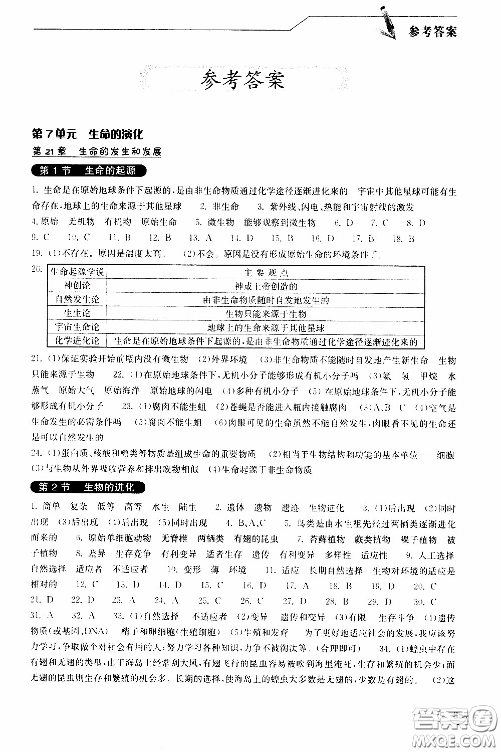 2020年長江作業(yè)本同步練習生物學(xué)八年級下冊北師大版參考答案