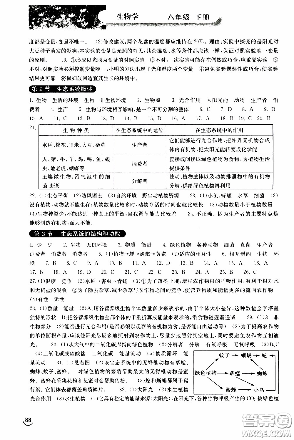 2020年長江作業(yè)本同步練習生物學(xué)八年級下冊北師大版參考答案