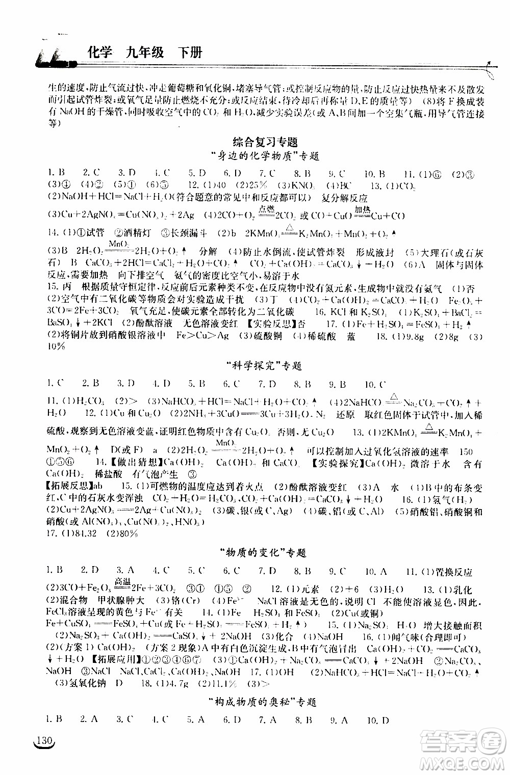 2020年長江作業(yè)本同步練習(xí)化學(xué)九年級下冊人教版參考答案