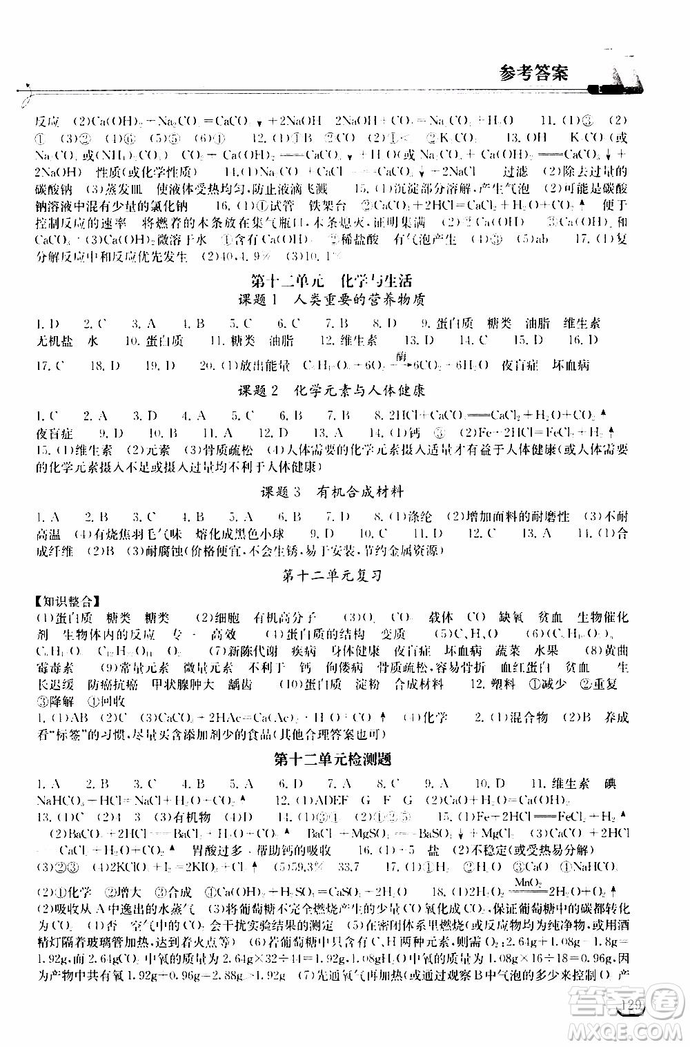 2020年長江作業(yè)本同步練習(xí)化學(xué)九年級下冊人教版參考答案