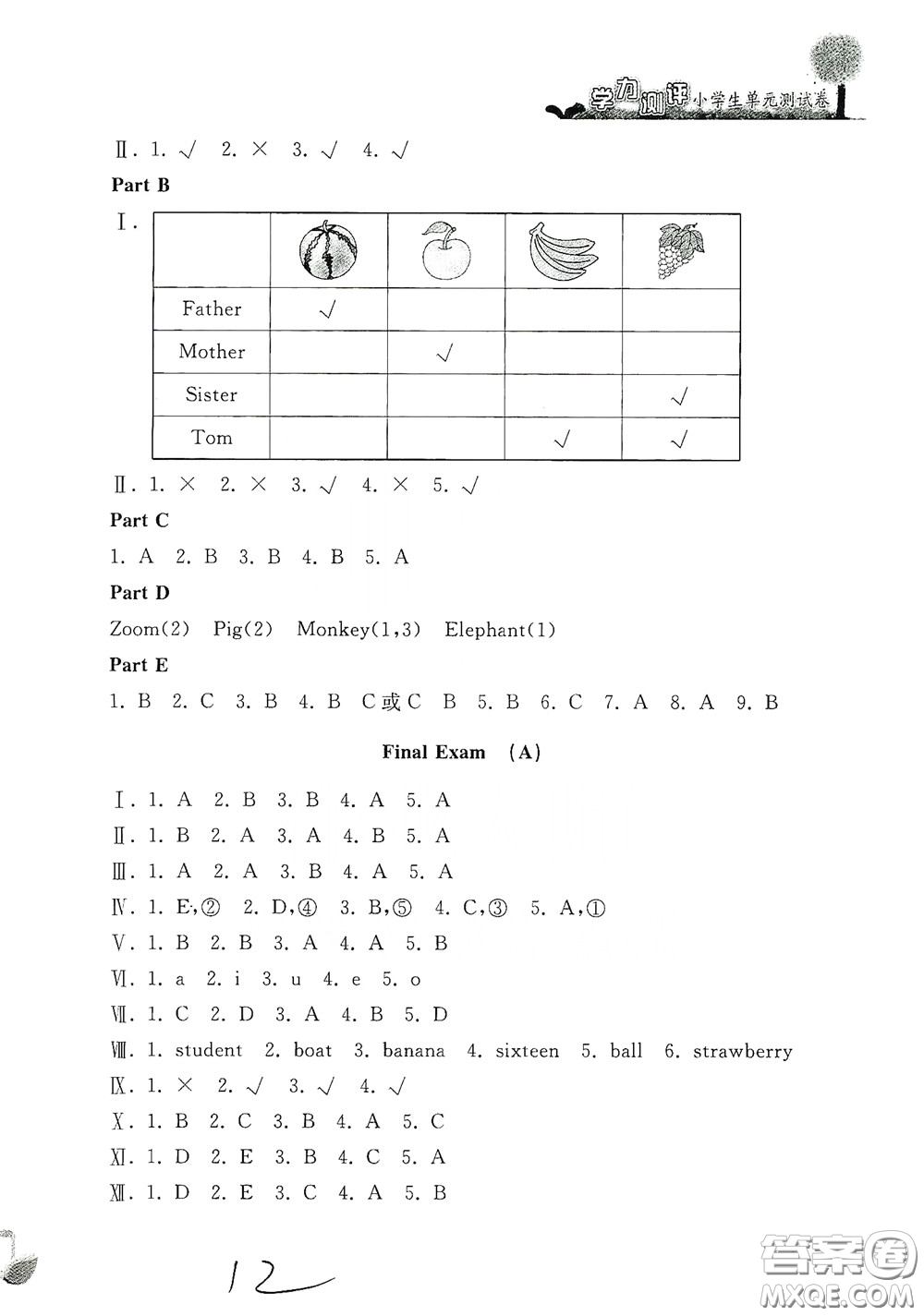 浙江工商大學出版社2020學力測評小學單元測試卷三年級英語下冊答案