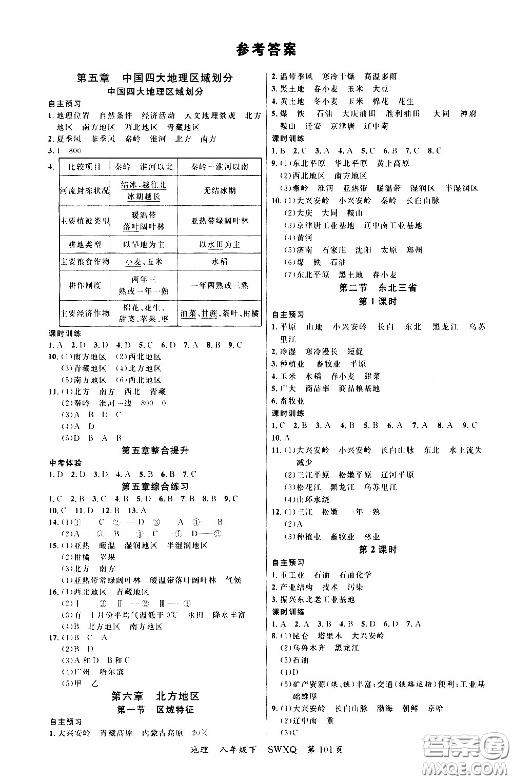 2020年學(xué)生課程精巧訓(xùn)練課堂創(chuàng)新學(xué)練測(cè)地理八年級(jí)下XQ星球版參考答案