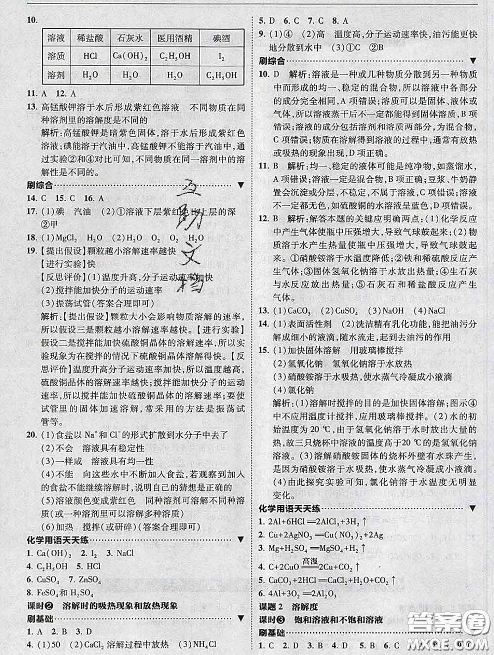 東北師范大學(xué)出版社2020春北大綠卡刷題九年級化學(xué)下冊人教版答案