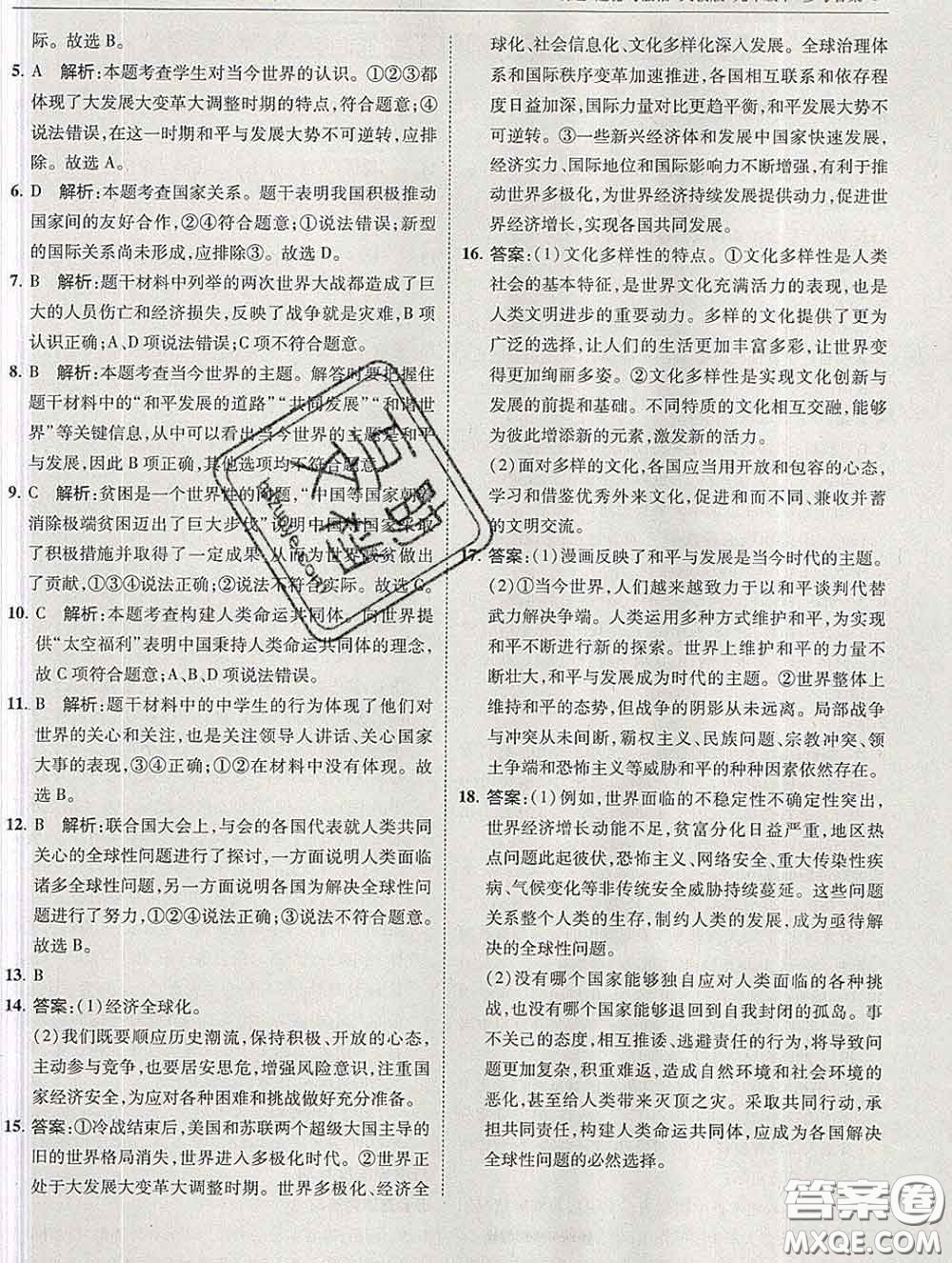 2020春北大綠卡刷題九年級道德與法治下冊人教版答案