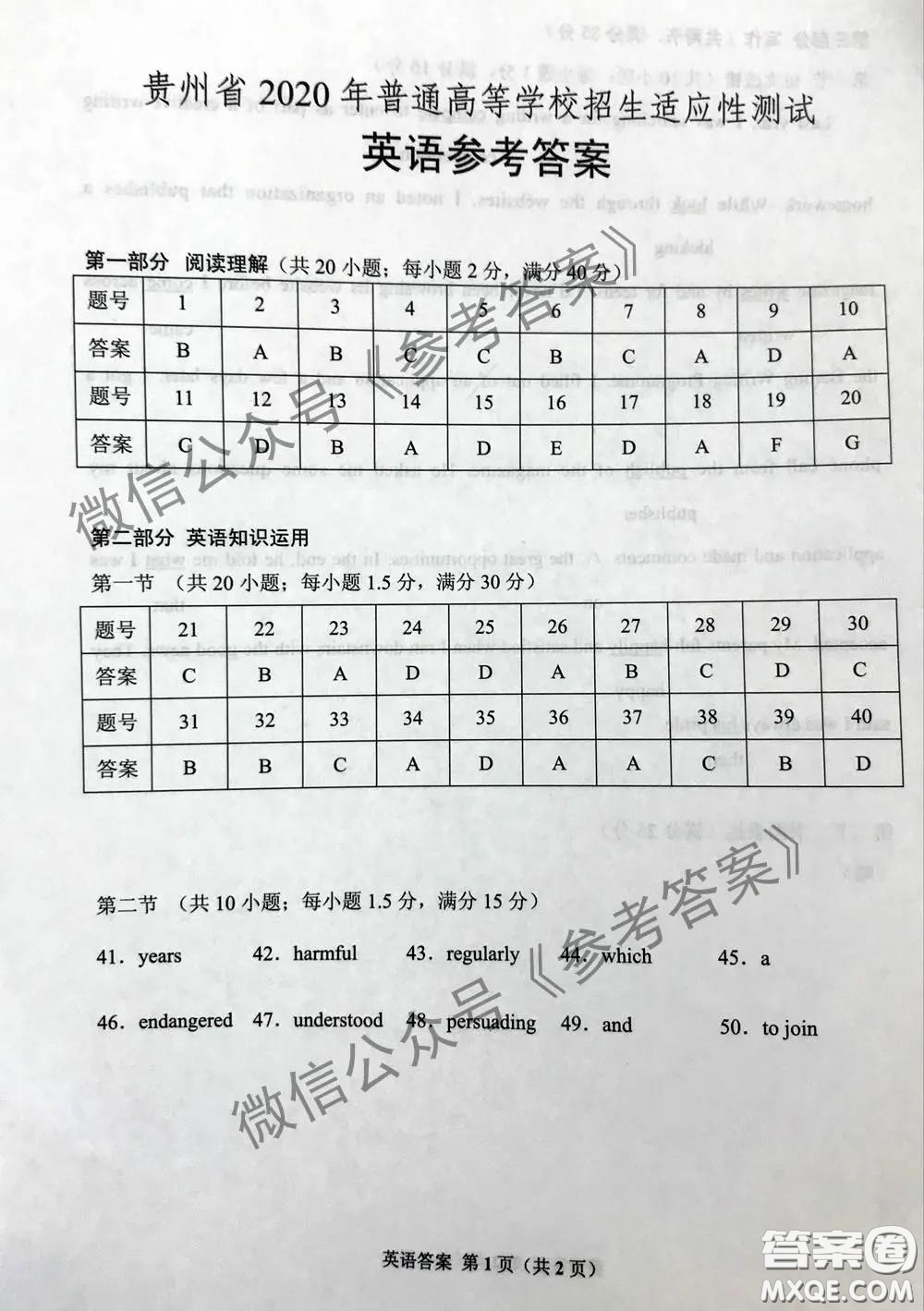 貴州省2020年普通高等學校招生適應性測試英語參考答案