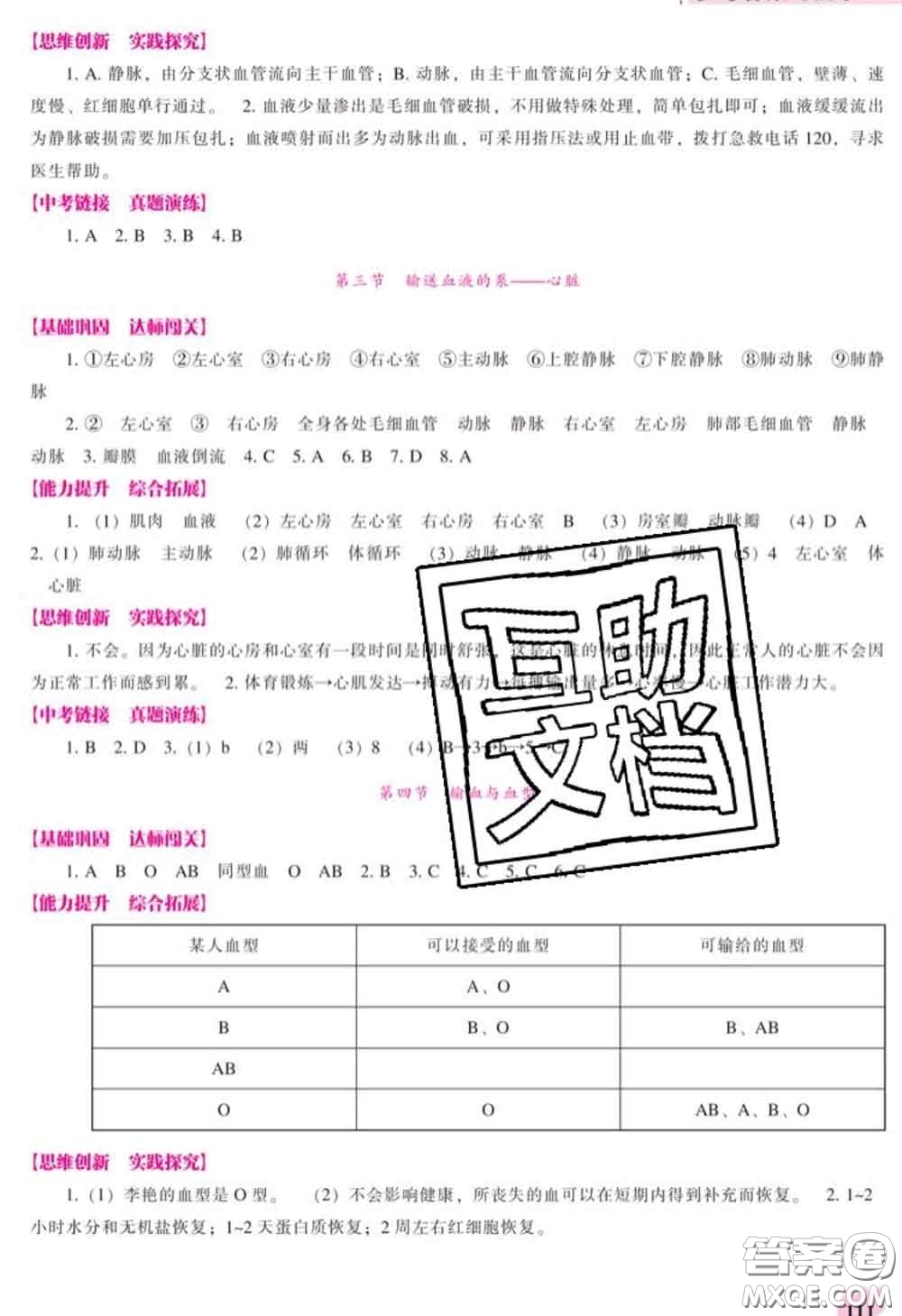 遼海出版社2020新版新課程生物能力培養(yǎng)七年級(jí)下冊(cè)人教版答案