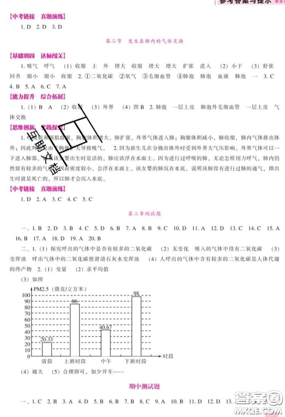 遼海出版社2020新版新課程生物能力培養(yǎng)七年級(jí)下冊(cè)人教版答案