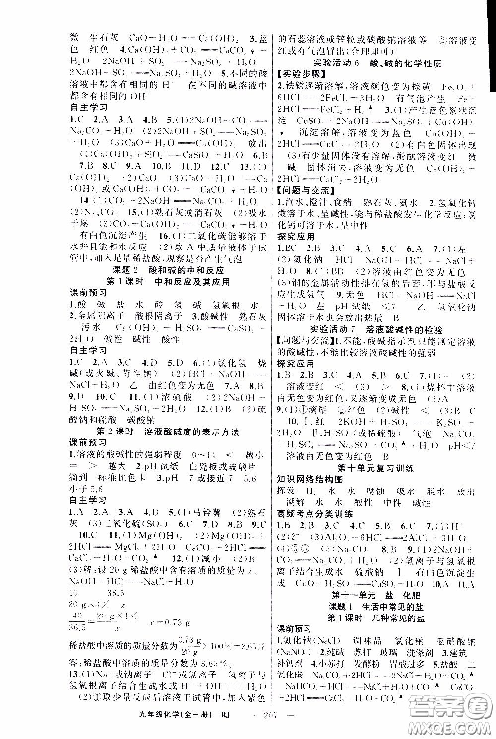 2020年學(xué)生課程精巧訓(xùn)練課堂創(chuàng)新學(xué)練測(cè)化學(xué)九年級(jí)下RJ人教版參考答案