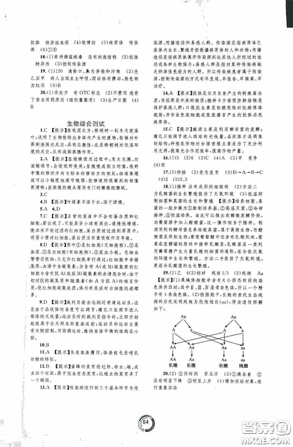 廣西教育出版社2020中考先鋒中考總復(fù)習(xí)配套測試卷生物課標(biāo)版C答案