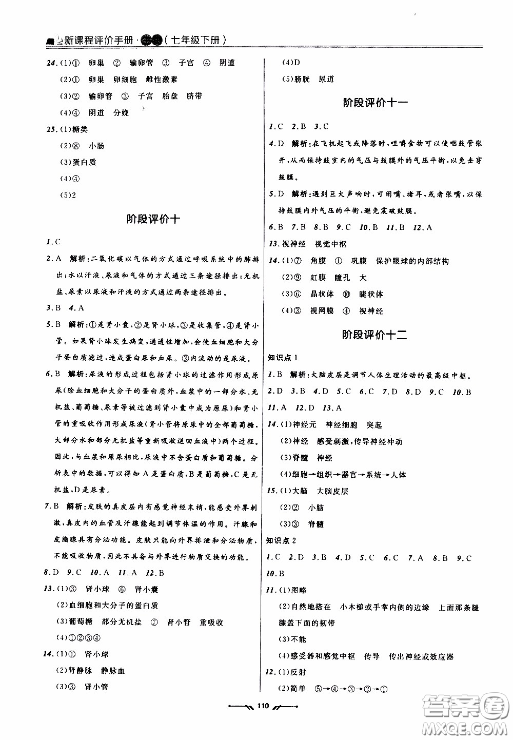 2020年新課程評價手冊生物七年級下冊人教版參考答案