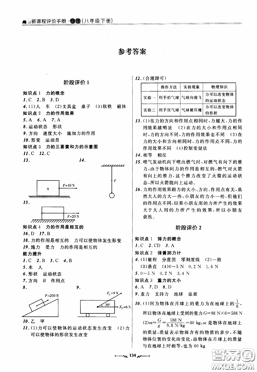 2020年新課程評(píng)價(jià)手冊(cè)物理八年級(jí)下冊(cè)人教版參考答案