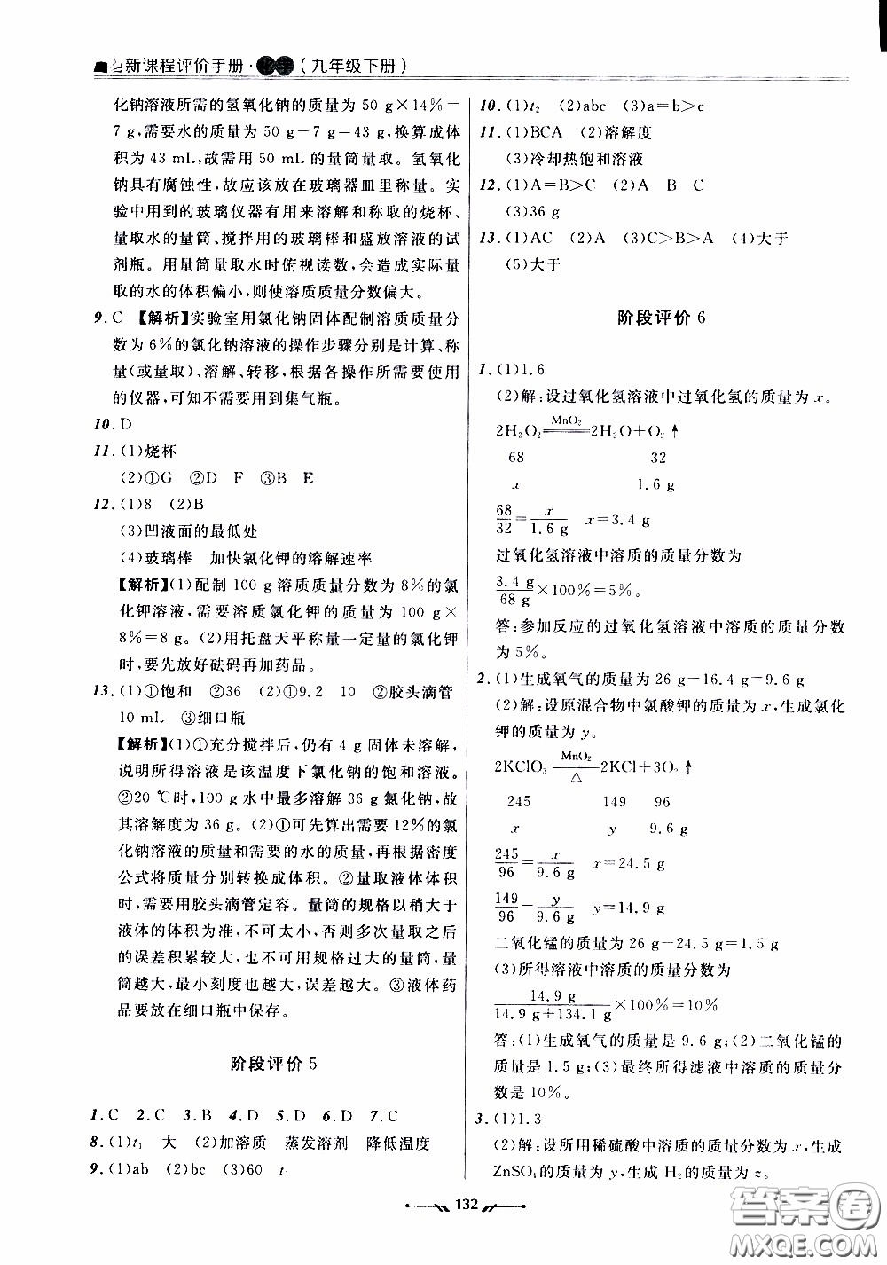 2020年新課程評價手冊化學(xué)九年級下冊人教版參考答案