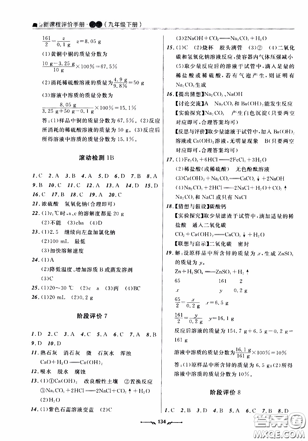 2020年新課程評價手冊化學(xué)九年級下冊人教版參考答案