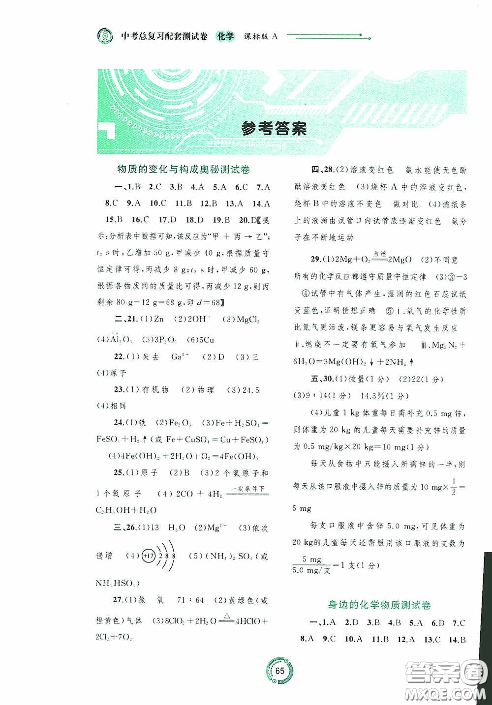 廣西教育出版社2020中考先鋒中考總復(fù)習(xí)配套測試卷化學(xué)課標(biāo)版A答案