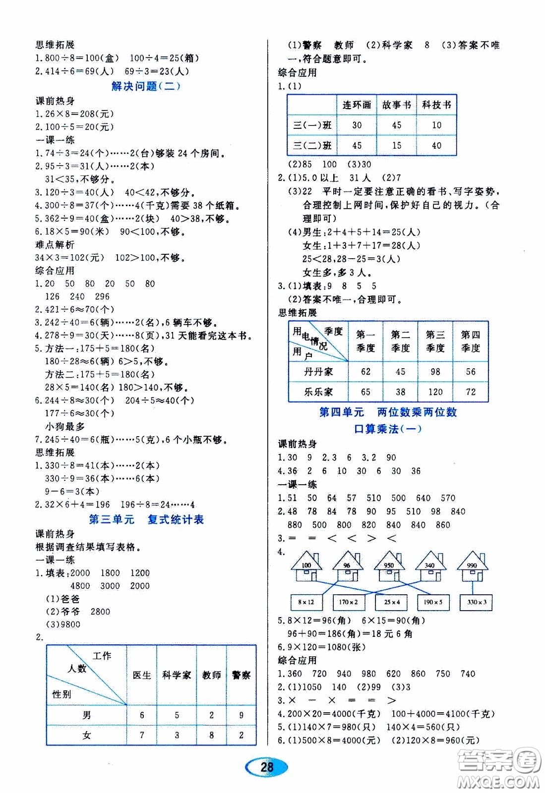 2020年資源與評價數(shù)學(xué)三年級下冊人教版參考答案