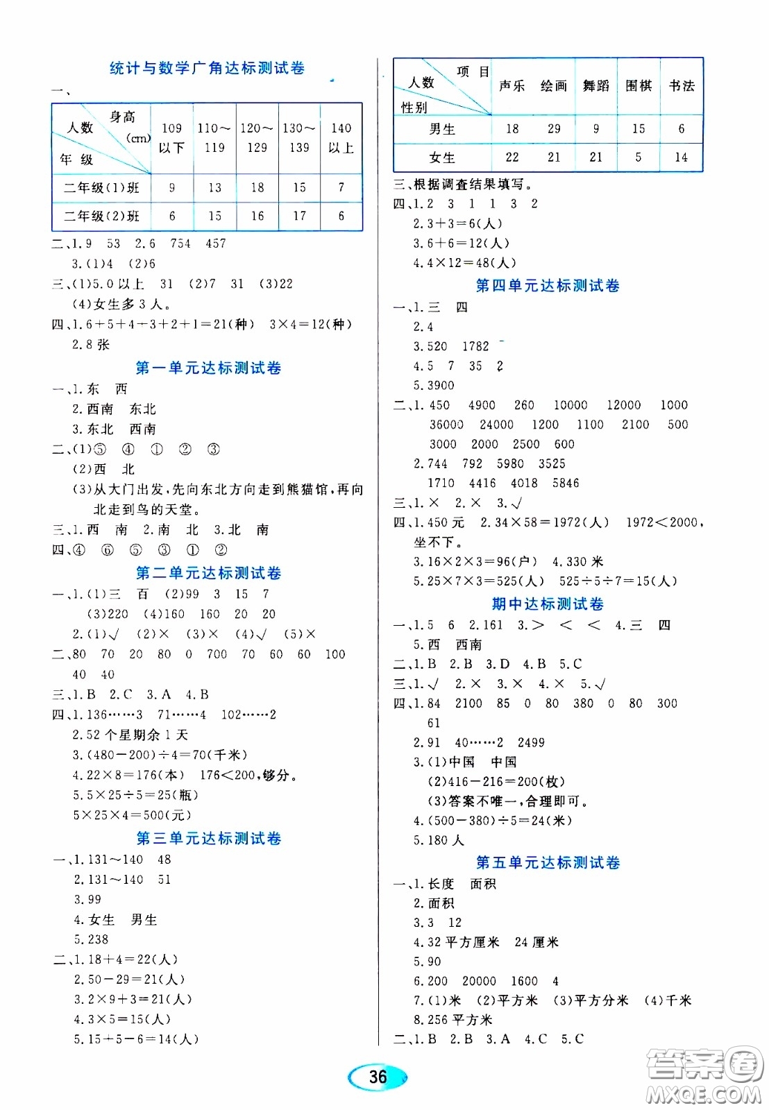 2020年資源與評價數(shù)學(xué)三年級下冊人教版參考答案