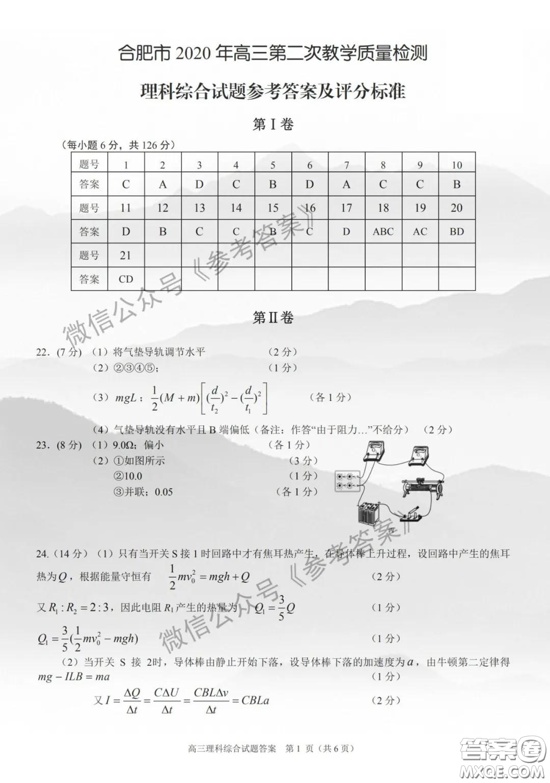 合肥市2020年高三第二次教學(xué)質(zhì)量檢測(cè)理科綜合答案