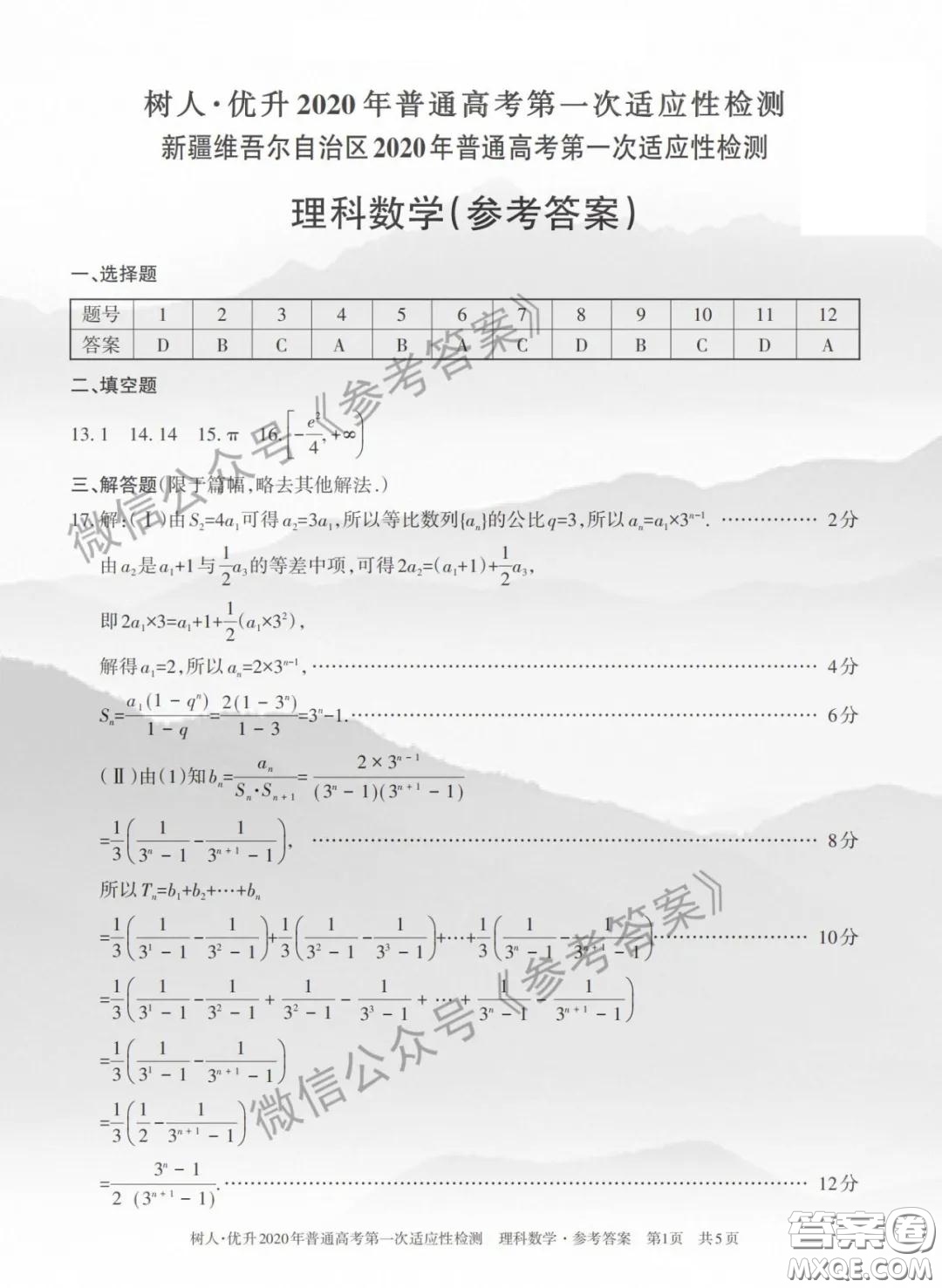 2020年新疆普通高考第一次適應性檢測理科數(shù)學答案