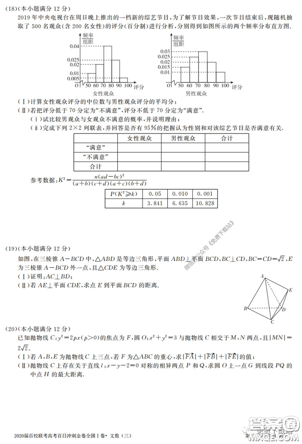 2020屆百校聯(lián)考高考百日沖刺金卷三全國(guó)一卷文數(shù)試題及答案