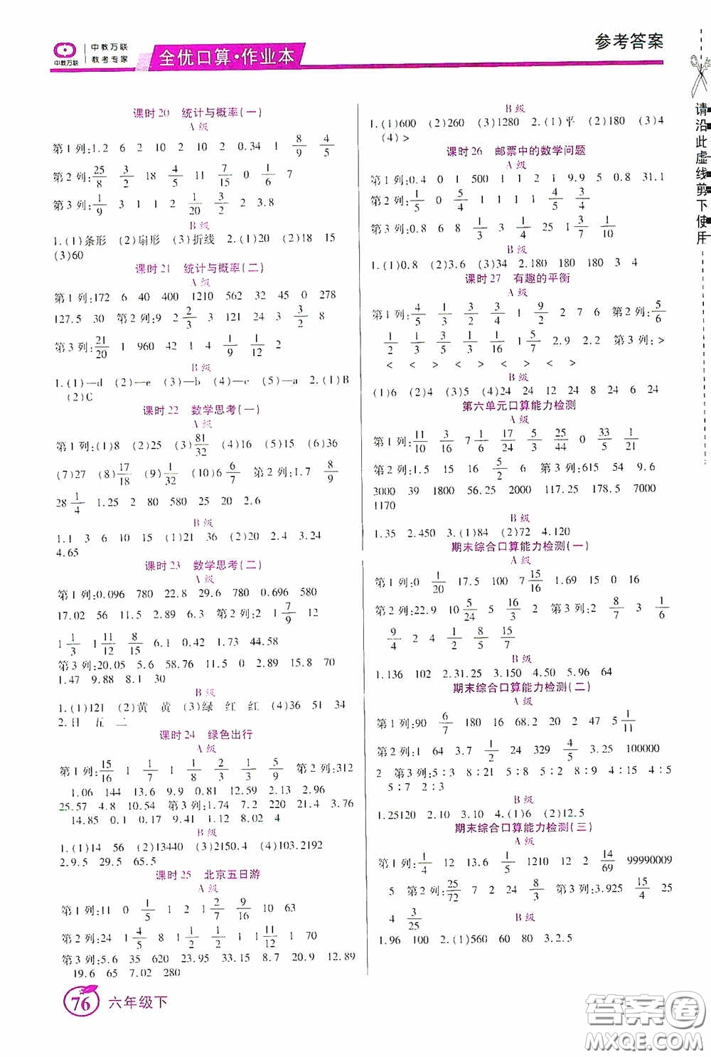 沈陽出版社2020中教萬聯(lián)全優(yōu)口算作業(yè)本六年級(jí)下冊(cè)答案