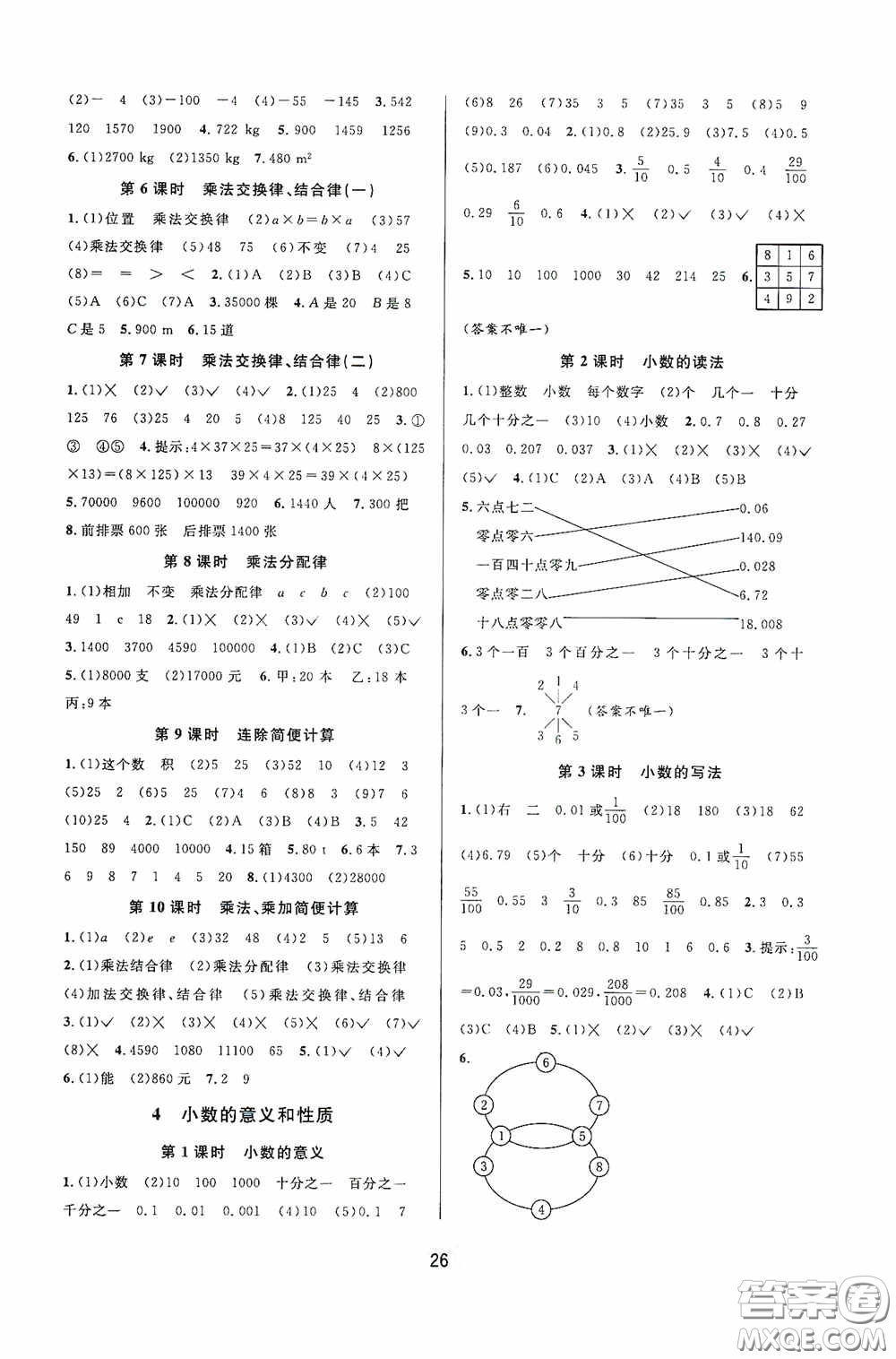 河海大學出版社2020同步特訓小博士四年級數(shù)學人教版下冊答案