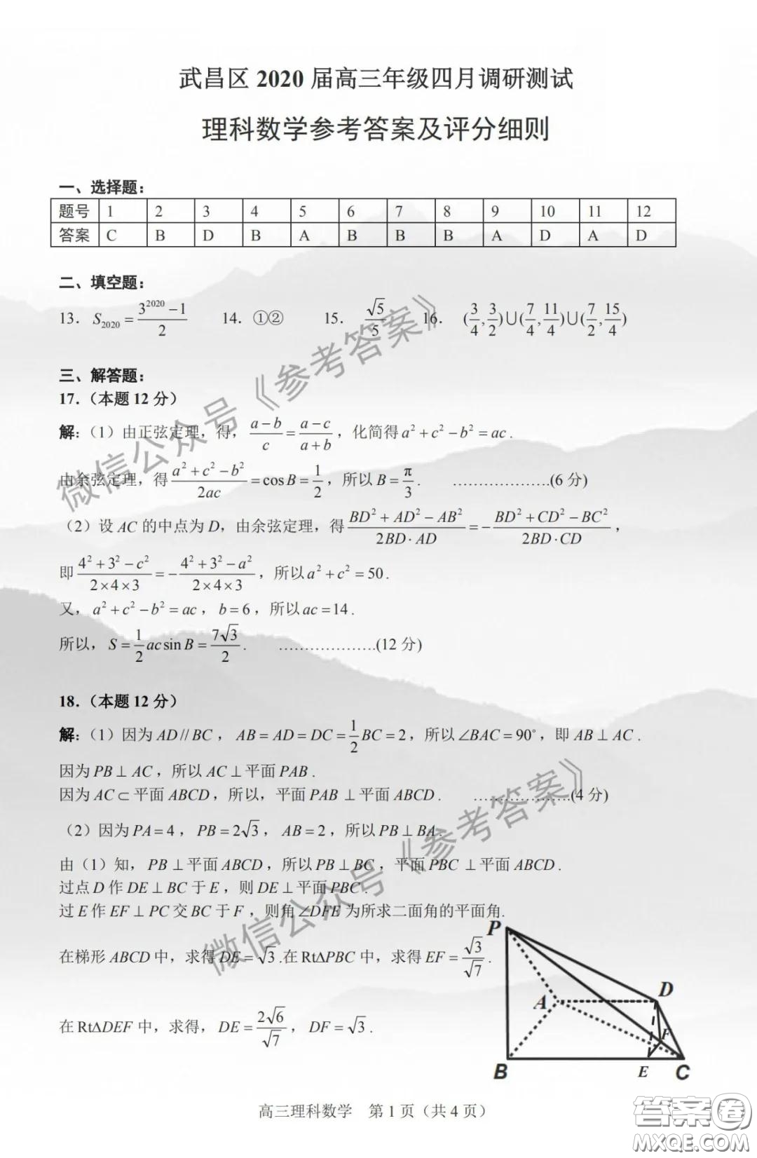 武昌區(qū)2020屆高三年級(jí)四月調(diào)考理科數(shù)學(xué)答案