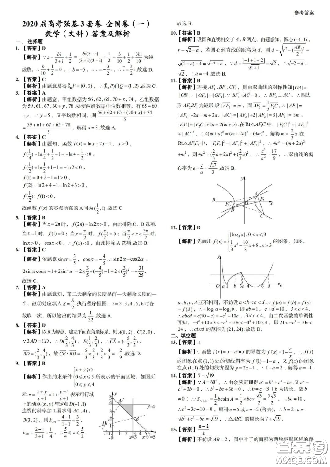 2020屆高考強基3套卷全國卷一文科數(shù)學(xué)參考答案