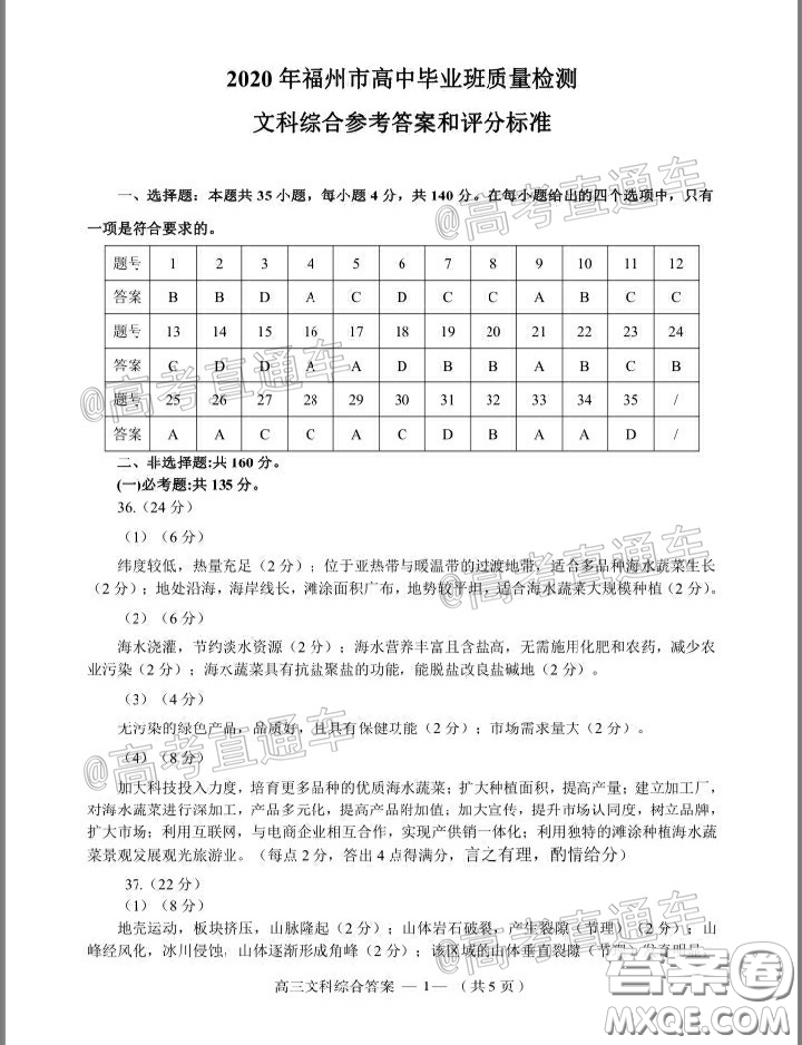 2020年4月福州市高中畢業(yè)班質(zhì)量檢測(cè)文科綜合試題及答案