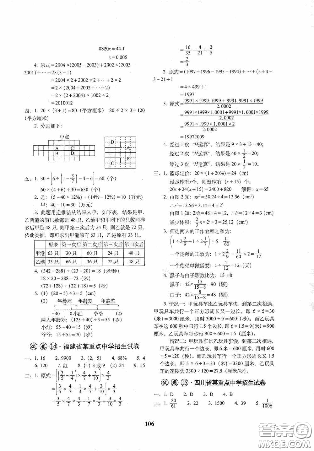 全國著名重點中學3年招生試卷及2020年預測試題精選數(shù)學答案