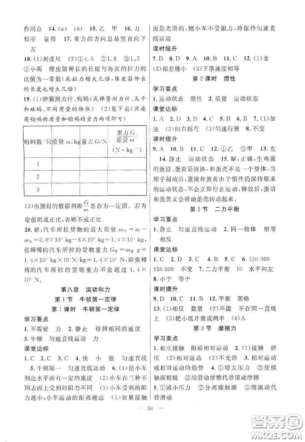 合肥大學(xué)出版社2020全頻道課時(shí)作業(yè)八年級(jí)物理下冊(cè)人教版答案