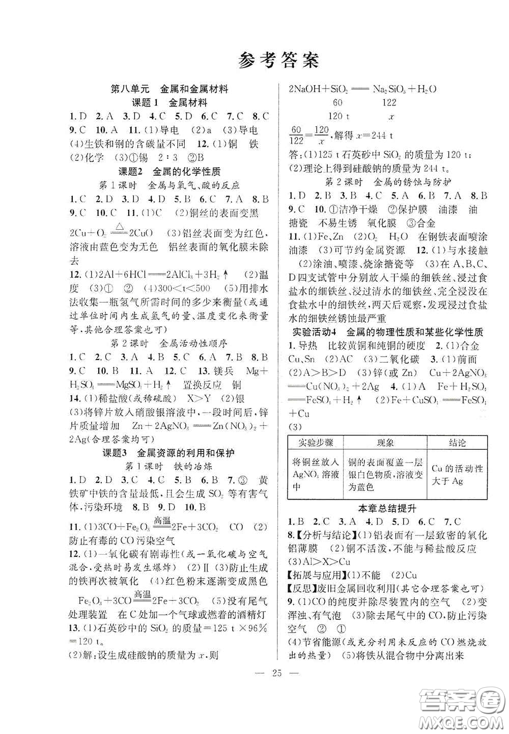 合肥大學(xué)出版社2020全頻道課時(shí)作業(yè)九年級化學(xué)下冊人教版答案