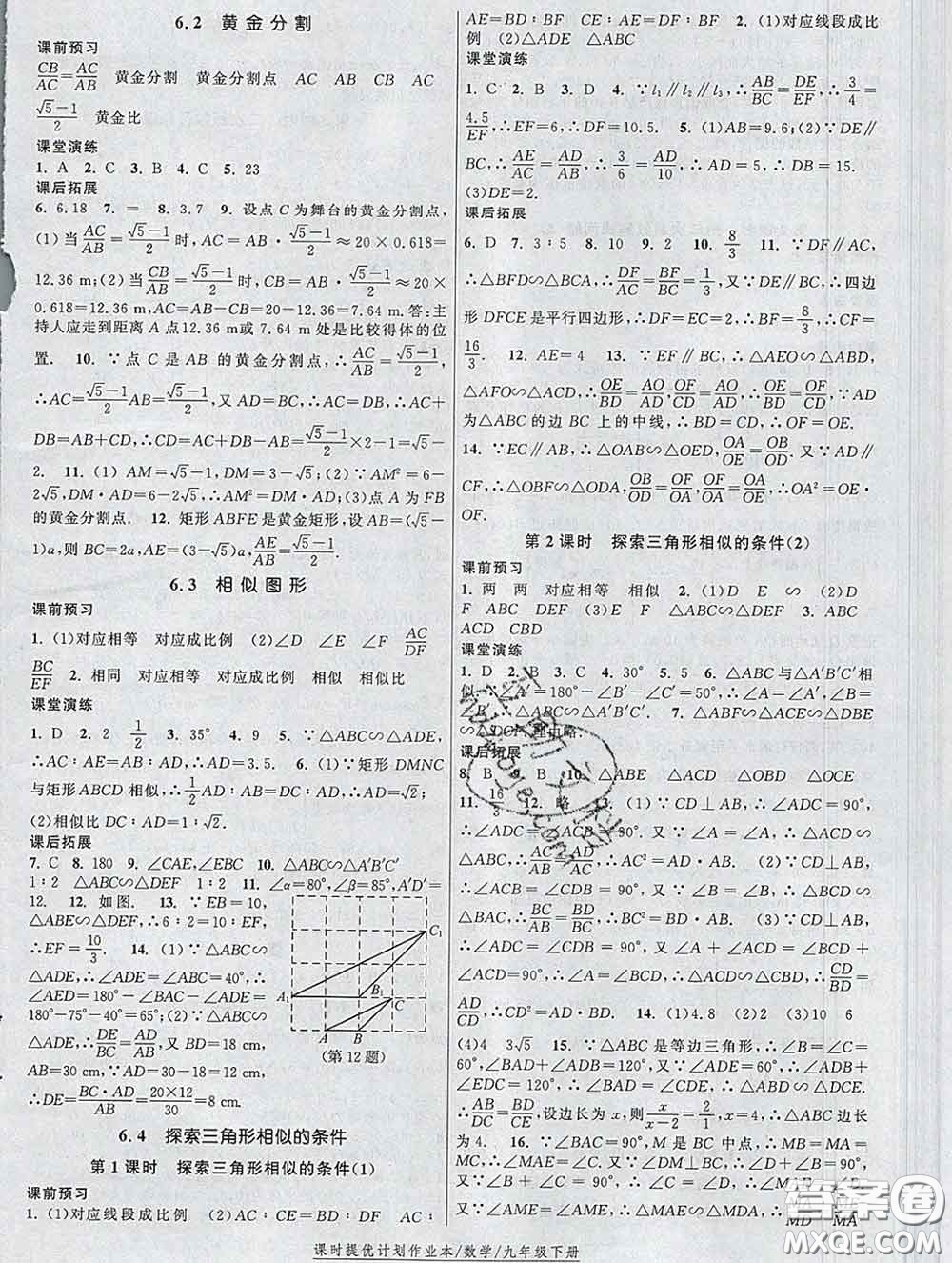 2020新版課時(shí)提優(yōu)計(jì)劃作業(yè)本九年級(jí)數(shù)學(xué)下冊(cè)蘇科版答案