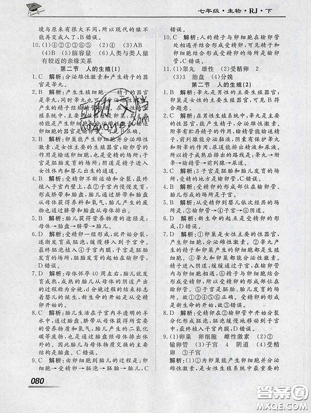 2020一川教育學(xué)考A+課堂檢測(cè)10分鐘七年級(jí)生物下冊(cè)人教版答案