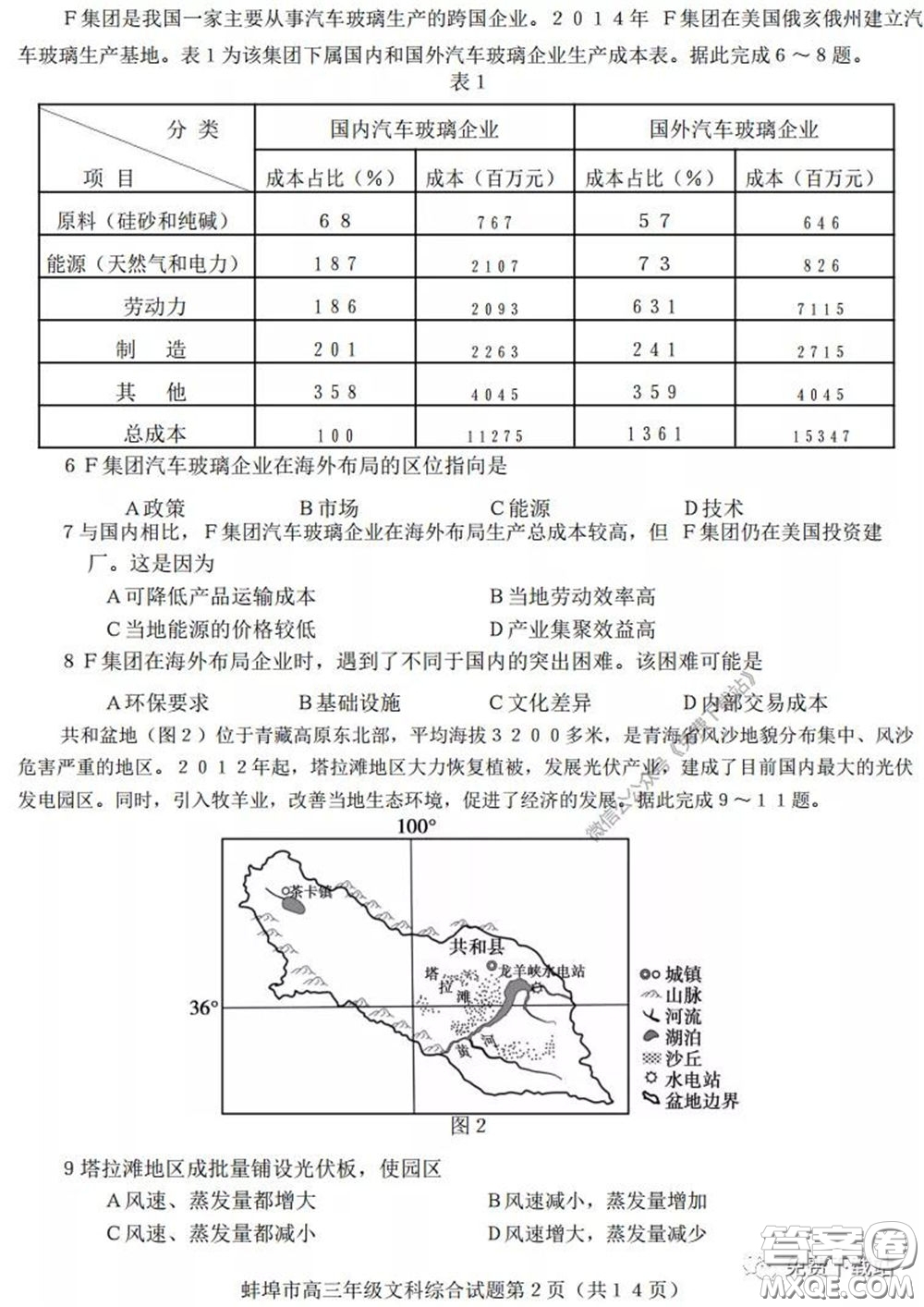 蚌埠市2020屆高三年級第三次教學(xué)質(zhì)量檢查考試文科綜合試題及答案