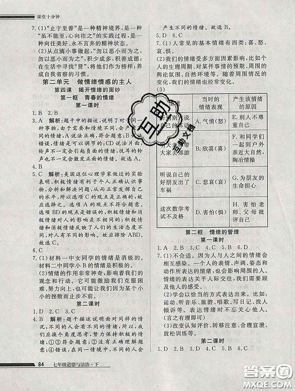 2020一川教育學(xué)考A+課堂檢測(cè)10分鐘七年級(jí)道德與法治下冊(cè)人教版答案