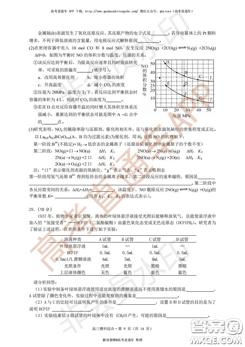 宜昌市2020屆高三4月線上統(tǒng)一調研測試理科綜合試題及答案