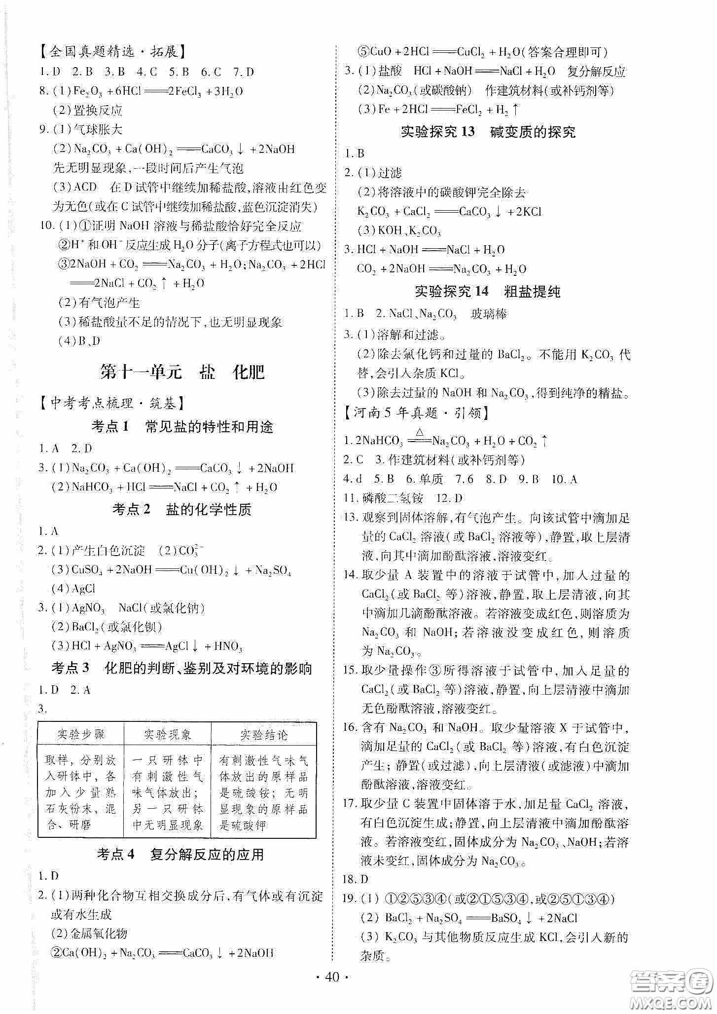 2020河南省初中畢業(yè)生學(xué)業(yè)考試復(fù)習(xí)指導(dǎo)+化學(xué)答案