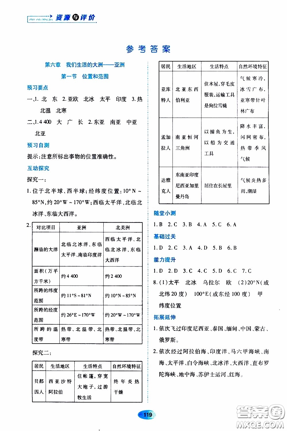 黑龍江教育出版社2020年資源與評價(jià)地理七年級下冊人教版參考答案