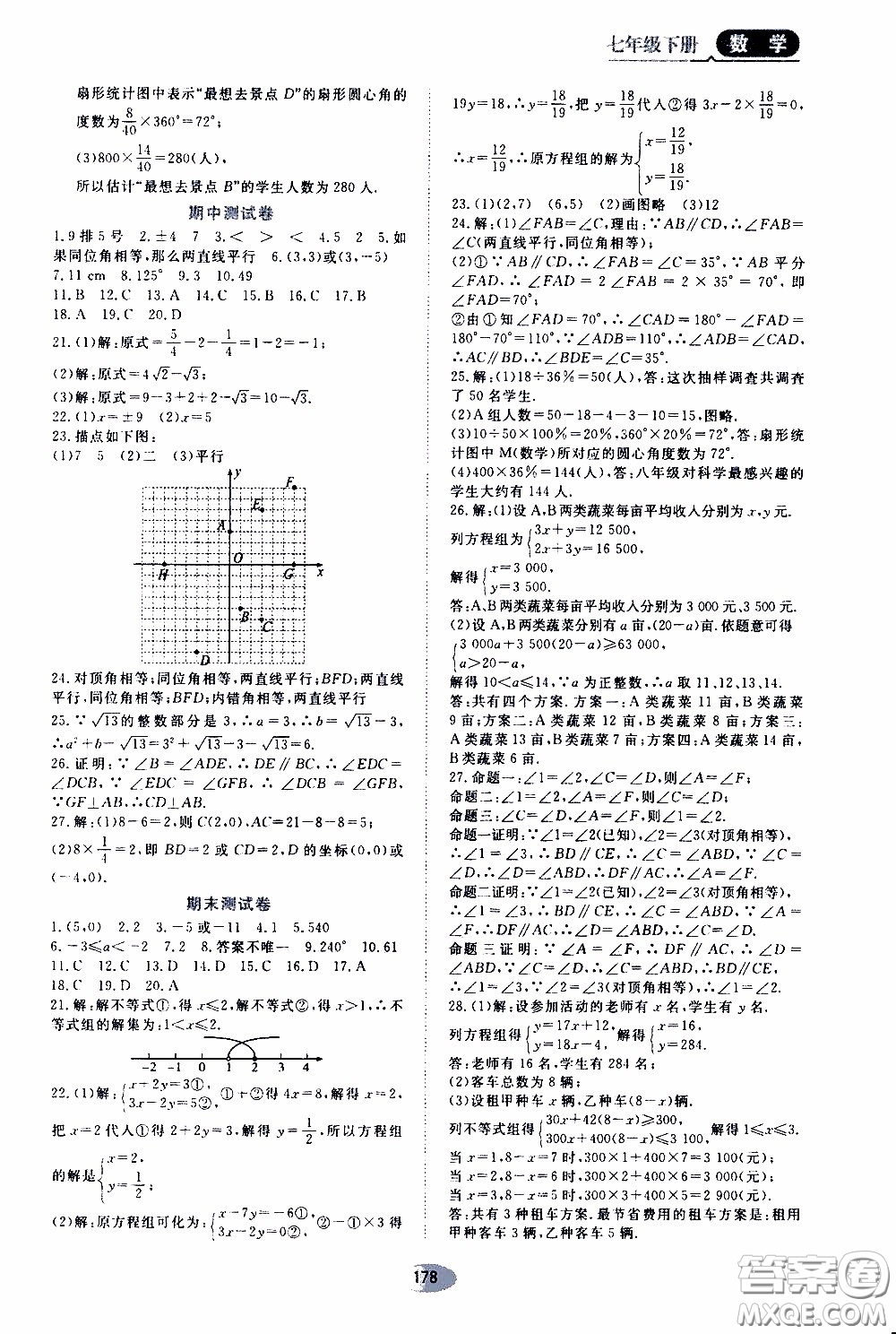 黑龍江教育出版社2020年資源與評價數(shù)學七年級下冊人教版參考答案